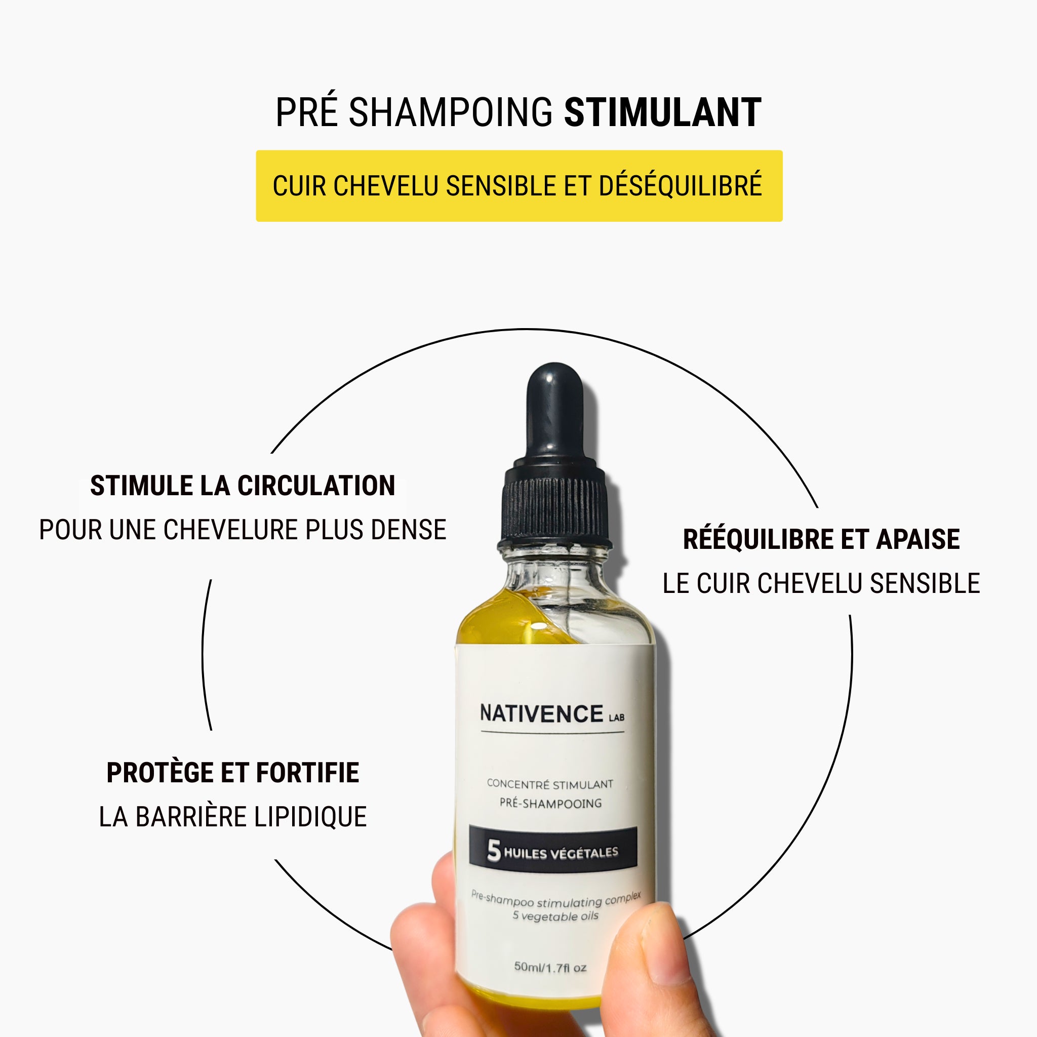 Pré-shampoing stimulant Nativence Lab qui stimule la circulation, apaise le cuir chevelu et renforce la pousse des cheveux
